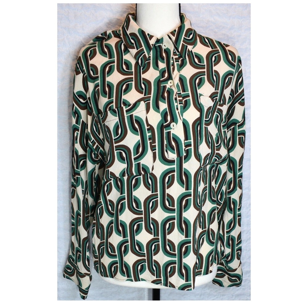 Mango MNG Green Brown Chain Link Print Long Sleeve Blouse Size 4